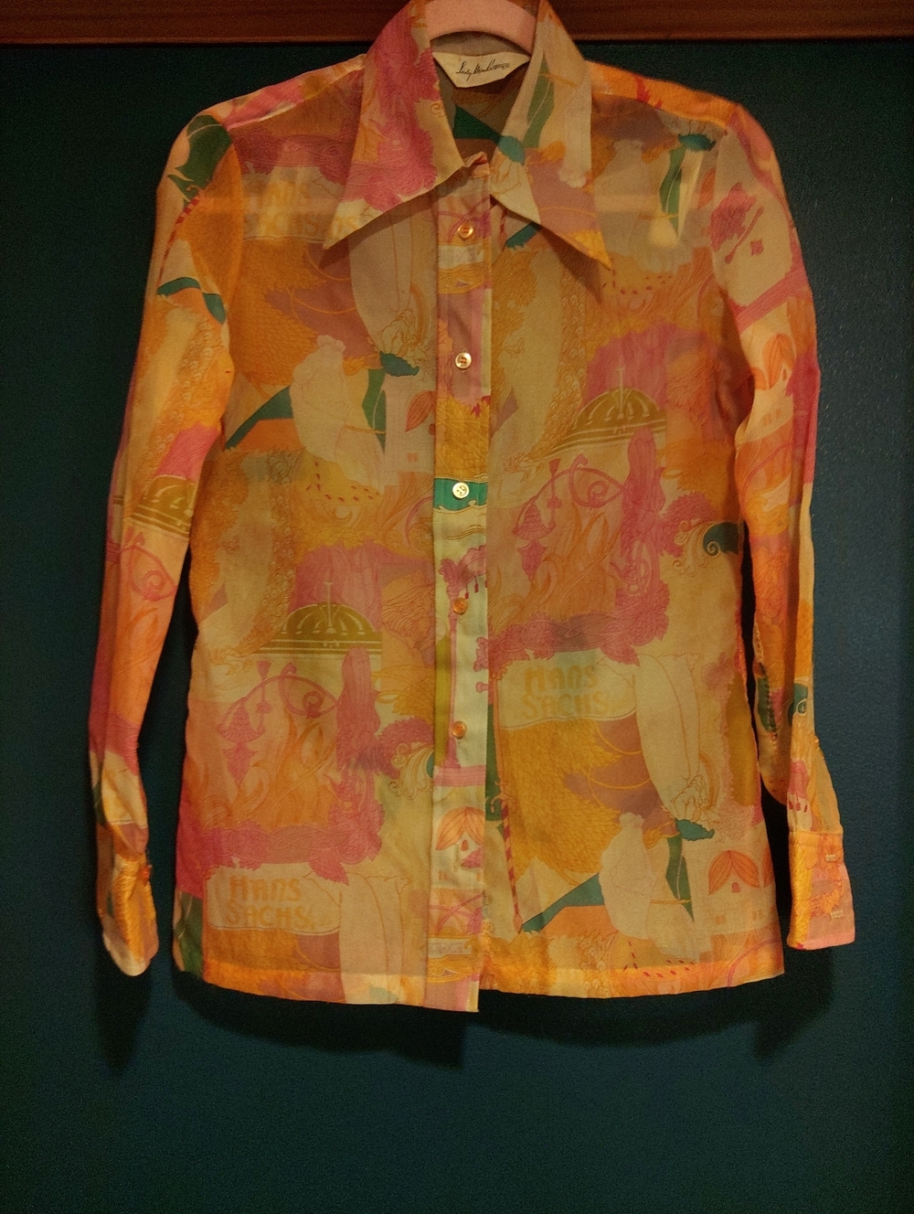 Vintage Sheer Button-Up Dagger Collar Blouse in Yellow Pink Turquoise
